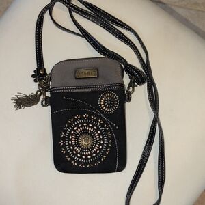 Chala Black and Gray Crossbody Bag with Artistic Metal Flower Accents